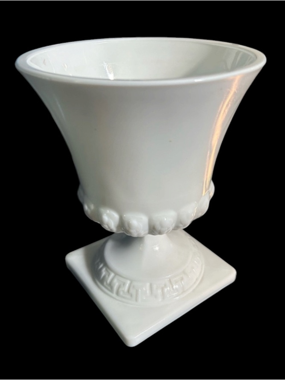 Vintage White Milk Glass Greek Key Wheat Pattern Pedestal Urn Compote Planter